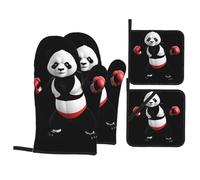 Fantastici set di presine e guanti da forno con stampa di un panda pugile - Set da cucina resistente al calore, impermeabile e durevole, composto da quattro pezzi.