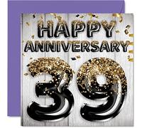 Fantastico biglietto per il 39° anniversario per marito fidanzato moglie fidanzata palloncini glitterati in oro nero biglietti di auguri per 39 anni 145mm x 145mm per trentanovesimo anniversario