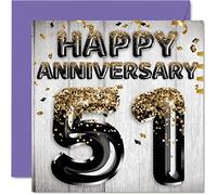 Fantastico biglietto per il 51° anniversario per marito fidanzato moglie fidanzata palloncini glitterati in oro nero biglietti d'auguri per 51 anniversario 145mm per cinquantunesimo anniversario