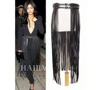 Fantastico cintura con frange lunghe Cinture di design in pelle nera per donna Cintura con corsetto con fibbia ad ardiglione con nappe lunghe Spot alla moda! BG-006
