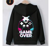 Fantastico motivo con maniglia per console di gioco e slogan con scritta "Game Over" stampato sul retro, felpa con cappuccio versatile, comoda, con cerniera, in cotone, minimalista e casual, per ragaz