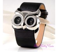 Fantastico Raro Argento Gufo Uccello Nero Doppio Quadrante Multi Tempo Orologio