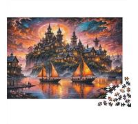 Fantasy Castle Harbor 1000Pc Puzzle for Adults & Kids: Castle with Ships at Sunset Fun Present & Activity for Home Age 12 Years Up 38x26cm/1000pcs