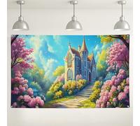 Fantasy Castle Nature Backdrop, sfondo fotografico colorato con paesaggio floreale per feste e decorazioni per giardini primaverili, eventi magici all'aperto, 180 x 109 cm