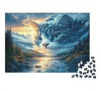 Fantasy Cat Landscape Adult Jigsaws for Decompression: Giant Cat over River at Sunset Educational Game Challenge Wall Decoration 70x50cm/1000pcs