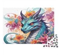 Fantasy Dragon-Colorful Floral Art Jigsaw Puzzle Educational Game Blue Dragon with Colorful Flowers for Adults Teens Age 12 Years Up 52x38cm/1000pcs