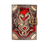 Fantasy Gifts Handmade Red Double Dragon Embossed Leather Journal - 5 x 7 Inch Vintage Notebook with Aged Linen Parchment Paper | Unique Diary for Writing, Notes & Art
