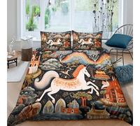 fantasy horseSet Di Copripiumino microfibra 3 Pezzi stampa di 3D cerniera nascosta folk art style copripiumino con federe traspirante ultra morbido for coppie Single（135x200cm）