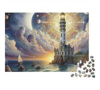 Fantasy Lighthouse Scene 1000 Pezzi Puzzle per Adulti Lighthouse Luna Planets Sea Sunset Premium Spesso Robusto Vivido Impegnativo Rilassante Gioco per la Famiglia Decor 38x26cm/1000 Pezzi
