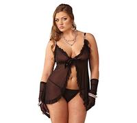 Fantasy Lingerie da donna stringivita Ruffled Chemise con perizoma coordinato, 1 x/2 x, colore: nero Nero nero 1X-2X