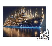 Fantasy Ship Castle Jigsaw Puzzle Educational Game: Golden City with Blue Light for Adults Teens Age 12 Years Up 70x50cm/1000pcs