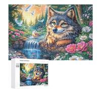Fantasy Wolf by Waterfall with Birds And Flowers Puzzle 1000 Pezzi Per Anziani Svago A Casa Allenamento Del Pensiero Regalo Per Comfort 1000 PCS