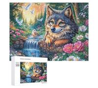 Fantasy Wolf by Waterfall with Birds And Flowers Puzzle 500 Pezzi Per Adulti Attività Rilassante Riduzione Dello Stress Regalo Per Benessere 500 PCS