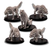 Fantasy Wolves - Set di miniature di 5 lupi per giochi di ruolo da tavolo, modelli di animali in scala da 28 mm, DnD, Pathfinder, Wargames | Miniature epiche con licenza | Figure in resina non
