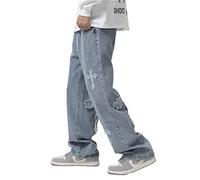 FantasyGears Y2k Jeans larghi Hip Hop Jeans da uomo Cross Patchwork Pantaloni dritti a gamba larga Pantaloni Denim Streetwear Blu, Grande Croce Blu, L