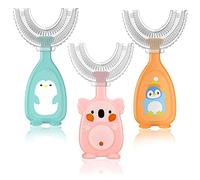 Fantasyon Confezione da 3 spazzolini da denti per bambini a forma di U, testa in morbido silicone per uso alimentare, spazzolino da denti manuale a 360°, per bambini dai 6 ai 12 anni, blu, arancione,
