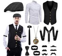 Fantspati 20s Accessori da Uomo, Anni '20 Set Gatsby, Kit Costume da Gangster retrò con Camicia Gilet Cappello Maniche Cinturino a Y Baffi M