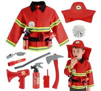 Fantspati Costume da Vigile del Fuoco per Bambini 11 Pezzi, Completo da Pompiere con Giacca, Strumenti Antincendio- Set Gioco di Ruolo Realistico per Bambini e Bambine 3-7 Anni