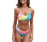 Fanuerg Costume da Bagno da Donna a Costine con Scollo Rotondo e sfacciato Testurizzato a Due Pezzi, Tintura Arcobaleno., L