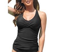Fanuerg Tankini Top Solo Twist Front Costume da Bagno Top per Le Donne Tummy Control Tank Top Scollo A V Top No Bottom, Nero, XXL