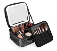 Fanwoli Borsa per il trucco con specchio a LED, stazione di vanità portatile per competizioni, custodia per cosmetici illuminata per esibizioni sul palco, 3 modalità di illuminazione, divisori
