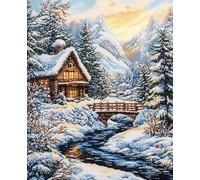 FanZheZhe Kit Punto a Croce Timbrato Scena innevata di una casa di legno 11CT Principianti Cucito a Mano Embroidery Starter Kit per Decorazione Domestica 40x50cm