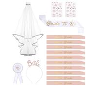FAOKZE 16 Pezzi Gadget addio al nubilato con 10 fasce da sposa, 2 tatuaggi da sposa, 1 fascia, velo, distintivo, tiara, accessori da donna per addio al nubilato,kit addio al nubilato sposa e amiche