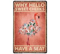 FAQOIR Divertente cartello in metallo per bagno, fenicottero e scritta in lingua inglese Why Hello Sweet Cheeks Have A Seat for Farmhouse Home Bathroom Garage Cafe Office Kitchen Restaurant Man Cave