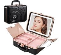 Faquenc Custodia per trucco da viaggio con specchio illuminato a 3 impostazioni di colore, custodia rigida per trucco organizer per cosmetici con luminosità regolabile, scatola portatile per accessori
