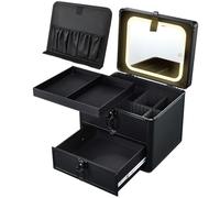 Faquenc Valigia per trucchi con cassetto, specchio LED illuminato staccabile, organizer per trucchi da viaggio, custodia portatile per trucchi da viaggio per trucchi MUA con serratura e divisori