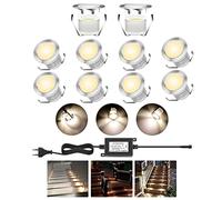Faretto da incasso per terrazze, set da 10 faretti LED da incasso a pavimento, bianco caldo, 30 mm, IP67, impermeabile, per esterni, giardino, piscina, ponte in legno, con alimentatore di rete da 12