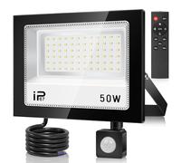 Faretto LED da 50 W, con sensore di movimento, per esterni, 5000 lm, 7000 K, super luminoso, IP67, impermeabile, con telecomando, luce bianca fredda, per giardino, garage, campo sportivo, cortile