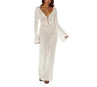 Faretumiya Abito lungo da donna a maglia trasparente, a maniche lunghe, all'uncinetto, aderente, senza schienale, da spiaggia, bikini, copricostume, M