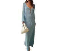 Faretumiya Abito lungo in maglia trasparente per donna, a maniche lunghe, all'uncinetto, aderente, senza schienale, da spiaggia, bikini, copri-costume, S