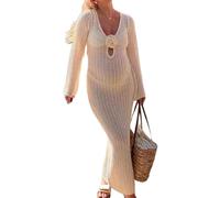 Faretumiya Abito lungo in maglia trasparente per donna, a maniche lunghe, all'uncinetto, aderente, senza schienale, da spiaggia, bikini, copri-costume, L