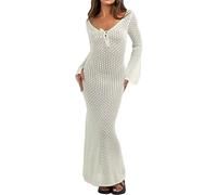 Faretumiya Abito lungo in maglia trasparente per donna, a maniche lunghe, all'uncinetto, aderente, senza schienale, da spiaggia, bikini, copri-costume, S
