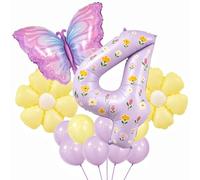 Farfalla 4° compleanno decorazioni per ragazze - Palloncino viola numero 4 da 101 cm, palloncini a farfalla grandi e palloncini in lamina a fiore, set di ghirlande di compleanno per bambine di 4 anni