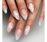 Farfalla blu perla e 24 eleganti unghie a pressione con punte francesi azzurre, arte a farfalla 3D e delicati accenti di perle per un look manicure chic e femminile