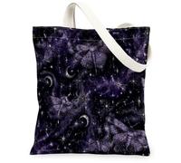 Farfalla Canvas Tote Bag per le donne, Mistico Gotico Luna Stella Halloween Viola Lavabile Riutilizzabile Mercato Tote Bags Ideas Fo, Viola, 13x15 Inch