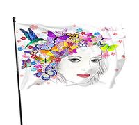 Farfalla Donna Disegno Bandiera da giardino 3x5 FT Animali colorati Uccelli Capelli floreali Labbro rosso Signora Poliestere Cortile Bandiere Casa Patio Prato Banner di auguri per esterni