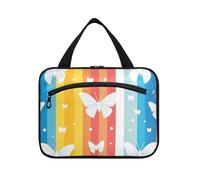 Farfalle bianche e strisce appeso trucco borsa viaggio con gancio, designer pieghevole rasatura kit borsa per gli uomini per gli elementi essenziali da viaggio toilette bolsa de maquillaje para mujer