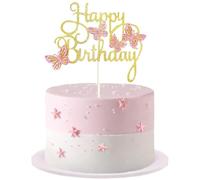 Farfalle Decorative Torta, 3D Farfalle Decorazioni per Torte Happy Birthday Cake Topper Brillante Topper Torta per Bambina Feste di Compleanno Forniture (Oro)
