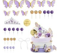 Farfalle Decorative Torta 49 Pezzi Farfalla Decorazioni Torte Viola Palline Decorazione per Torte Corona Cake Topper per Bambina e Donna Compleanno, Matrimonio, Battesimo