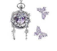FARIDRUN Butterfly pocket watch pendant, silver, internal rotating specimen, with Roman numerals, unique vintage insect jewelry gift, women's pendant (with a pair of earrings)(Purple6)