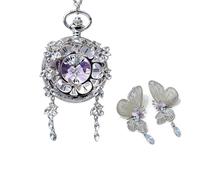 FARIDRUN Butterfly pocket watch pendant, silver, internal rotating specimen, with Roman numerals, unique vintage insect jewelry gift, women's pendant (with a pair of earrings)(Purple2)