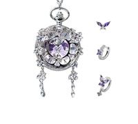 FARIDRUN Butterfly pocket watch pendant, silver, internal rotating specimen, with Roman numerals, unique vintage insect jewelry gift, women's pendant (with a pair of earrings)(Purple7)