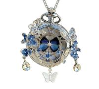 FARIDRUN Collana con orologio da tasca vintage a farfalla for donna ciondolo in cristallo blu catena medaglione Steampunk for Lolita regalo cosplay abbigliamento quotidiano