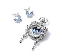 FARIDRUN Orologio da tasca retrò in argento e orecchini a farfalla in cristallo blu da donna, gioielli con orecchini pendenti, regalo for la festa della mamma e San Valentino(Blue1)