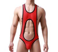Faringoto Body da wrestling da uomo, body monopezzo, lingerie in rete, sospensorio da notte, mankini aperto sul davanti gluteo, Rosso, Large