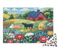 Farm Animals-Rustic Countryside Illustration 1000Pc Recycled Paper Puzzle Farm Scene with Cow And Flowers for Adults 14-99 Years Home Decor & Gift 52x38cm/1000pcs